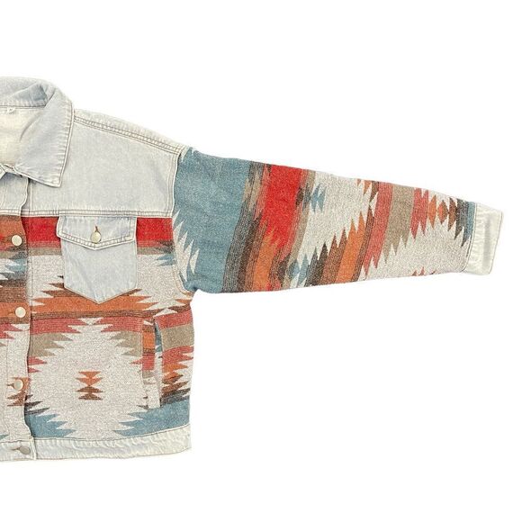 Denim Aztec Jacket Southwestern Light Blue Denim Jacket Crop Coat Women's M NEW - Picture 5 of 12
